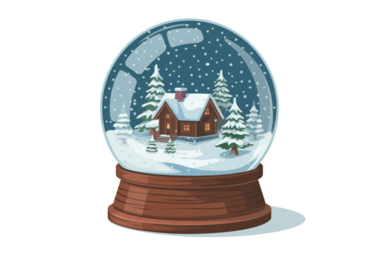 A festive snow globe featuring a cozy log cabin amidst snow-covered pine trees and falling snowflakes, set on a wooden base. background removed