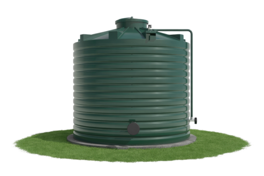 A dark green rainwater harvesting tank sits on a small circular grassy patch with a concrete base. Ideal for water storage solutions. background removed
