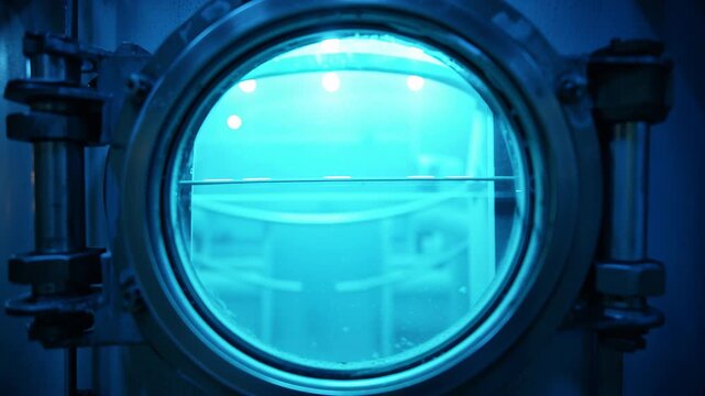 Circular porthole navy blue water level glass window metal frame industrial hatch ship interior submarine atmosphere Round industrial porthole window