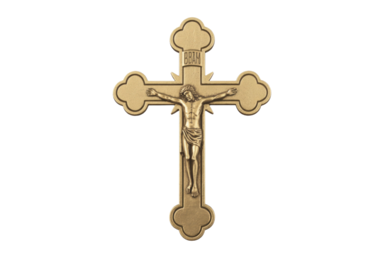 A golden Orthodox crucifix featuring Jesus Christ, intricately detailed against a transparent background. The cross has decorative clover-like ends and Cyrillic inscription 'BBAM'. background removed