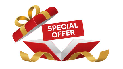 Open red gift box with golden ribbon and special offer sign isolated on transparent background