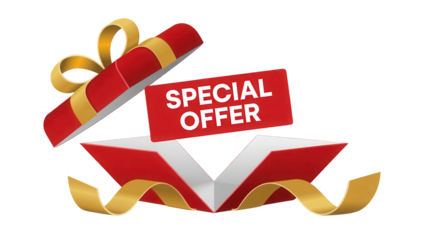 Open red gift box with golden ribbon and special offer sign isolated on transparent background