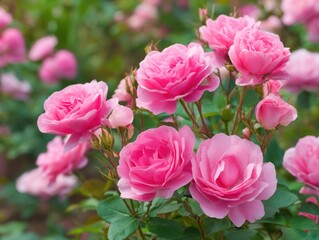 Close up of vibrant pink roses in bloom