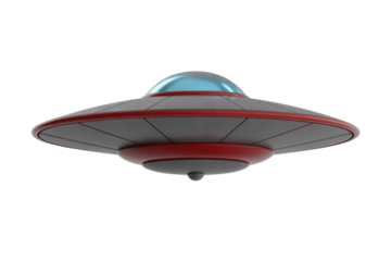 A stylized 3D rendered gray flying saucer with red accents and a blue transparent dome, set against a transparent background. background removed