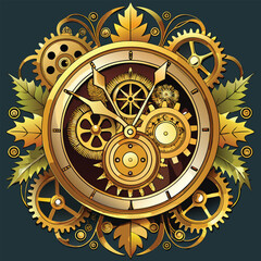 Steampunk golden mechanical clock with gears and cogs, vintage retro machinery concept vector illustration