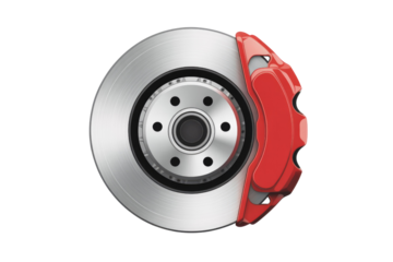Close-up of a car brake disc assembly, featuring a shiny silver rotor and a vibrant red caliper on a transparent background. background removed