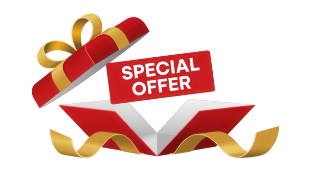 Open red gift box with golden ribbon and special offer sign isolated on transparent background