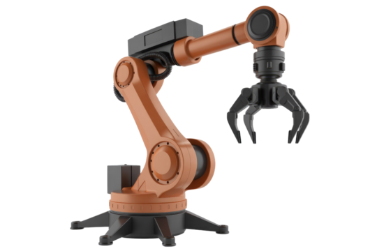 A 3D rendered orange and black industrial robotic arm with a four-fingered gripper, used for factory automation and manufacturing tasks. background removed