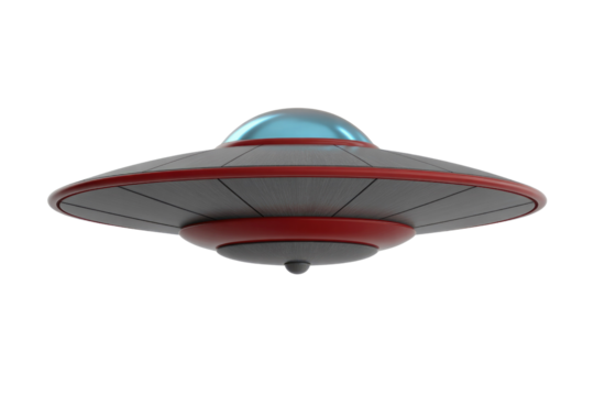 A stylized 3D rendered gray flying saucer with red accents and a blue transparent dome, set against a transparent background. background removed