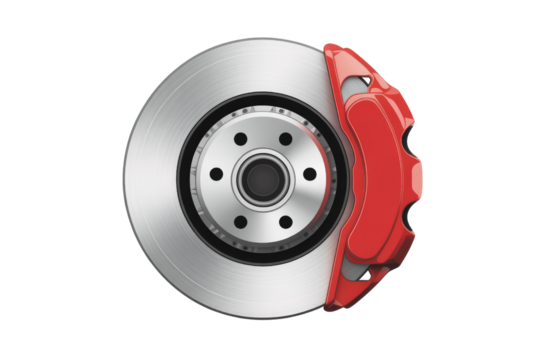 Close-up of a car brake disc assembly, featuring a shiny silver rotor and a vibrant red caliper on a transparent background. background removed