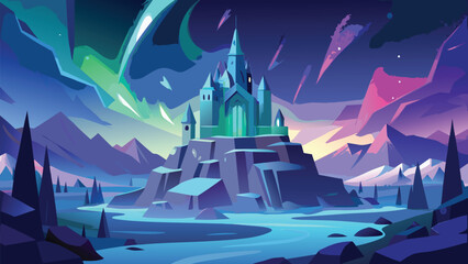 Magical Ice Castle Under Northern Lights Fantasy Winter Vector