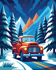 Vintage red truck carrying a Christmas tree through snowy forest and mountain landscape, winter holiday adventure vector illustration