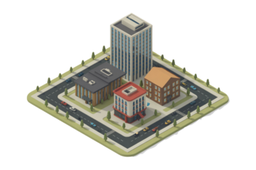 Isometric low-poly city block illustration featuring diverse buildings, winding roads, cars, and trees, conveying a charming urban scene. background removed
