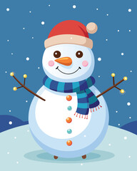 Happy Snowman with Blue Scarf and Red Hat in Winter Snow Vector Illustration