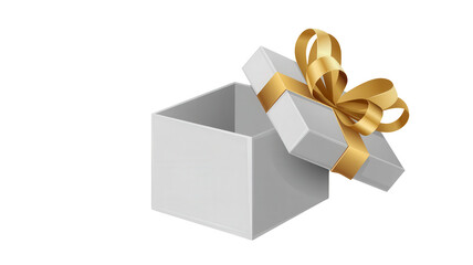 An open white gift box with a golden ribbon and bow isolated on transparent background