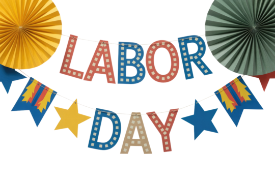 Festive Labor Day banner featuring patriotic red, white, and blue letters, decorative flags, stars, and paper fans on a string. background removed - Powered by Adobe