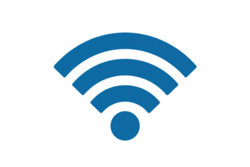 A clear blue WiFi symbol, indicating wireless connectivity and signal strength, set against a solid dark transparent background. background removed