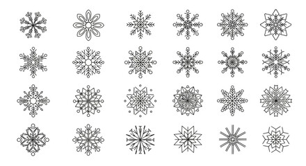 Collection of intricate geometric snowflake vector icons. A diverse set of elegant winter holiday and Christmas design elements isolated on white