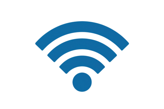 A clear blue WiFi symbol, indicating wireless connectivity and signal strength, set against a solid dark transparent background. background removed