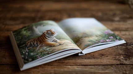 Open storybook with a tiger cub illust n rests on a rustic wooden table