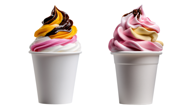 Brightly colored rainbow sherbet ice cream scoop in a cup isolated on transparent background
