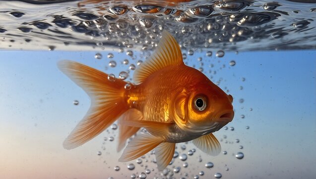 a vibrant orange goldfish swims just beneath the surface of clear water, surrounded by shimmering bubbles against a softly gradient blue and white background.