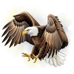Fototapeta premium A majestic bald eagle in flight, wings spread wide, talons extended, captured in a detailed illustration