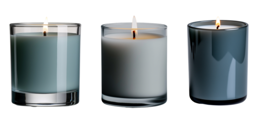set of burning candles with fire, candle made of different materials like wood, glass, ceramic, wax, concrete. cosy home decoration in grey, pink	
