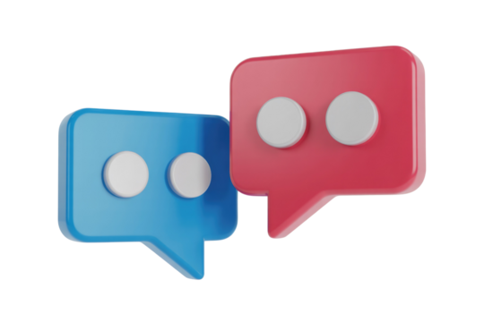 Two glossy 3D chat bubbles, one blue and one red, featuring typing indicators, symbolizing online communication and dialogue. background removed