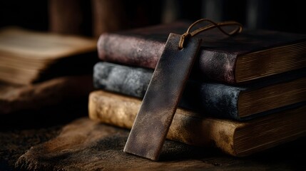 A rustic leather bookmark rests on a stack of vintage books in a dimly lit textured setting