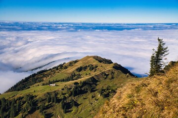 Autumn hike above the sea of ​​fog to Mount Speer. Beautiful views above the fog of the surrounding mountains. Fantastic mountain scenery in Switzerland. Wanderlust. High quality photo.