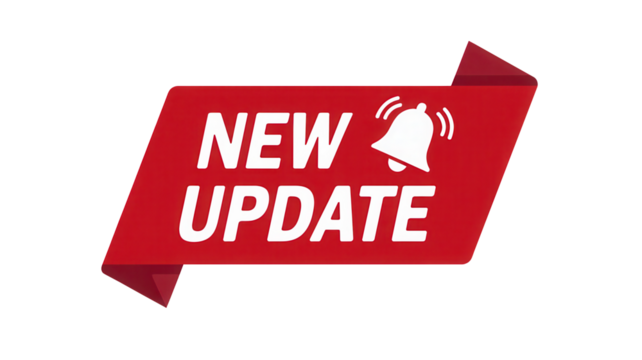 Red ribbon banner with white text announcing new update and notification bell isolated on transparent background