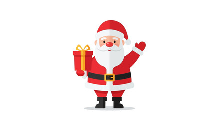 Cartoon Santa Claus holding a gift box and waving his hand.