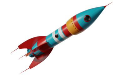 A vibrant 3D rendered cartoon rocket with red fins, and a blue, white, red, yellow striped body, ready for launch. background removed