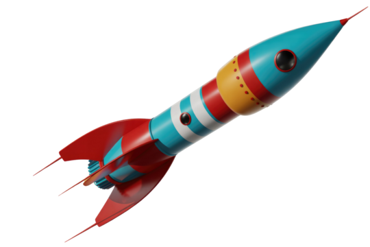 A vibrant 3D rendered cartoon rocket with red fins, and a blue, white, red, yellow striped body, ready for launch. background removed - Powered by Adobe