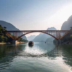 Fototapeta premium Red Steel Arch Bridge Over Calm River with Tour Boat