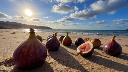 a row of ripe figs rests on a sun-drenched beach with gentle waves and a distant coastline under a bright blue sky.