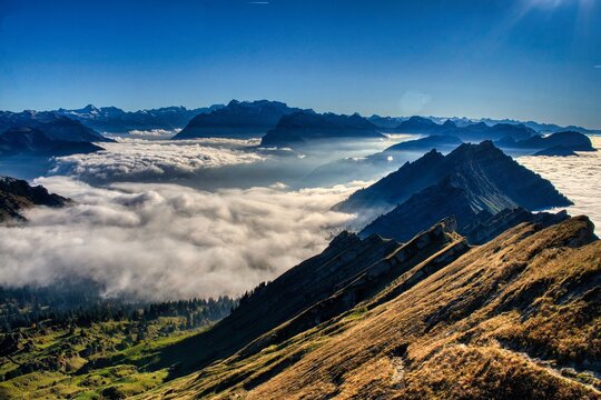 Autumn hike across the sea of ​​fog to the Nagelfluh mountain Speer in St. Gallen. A truly beautiful view above the fog. High quality photo
