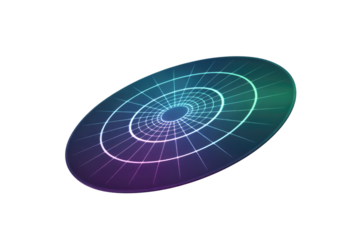 A vibrant, glowing wireframe disk with radial grid and concentric circles, showcasing a blue-green-purple gradient, ideal for futuristic tech concepts. background removed