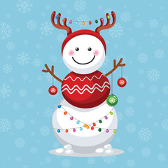 Snowman with red scarf and deer horns illustration