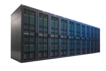 A long row of dark server racks with mesh doors, showcasing numerous green-lit internal components, signifying modern data center infrastructure. background removed