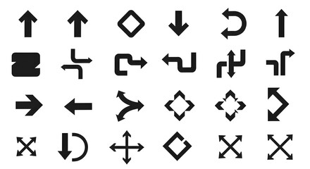 Black vector arrow icon set for navigation, web design, interface symbols, and directional graphics.