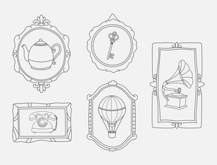 Antique vintage frame doodle collection set. Illustration hand drawn of old objects like gramophone, old key, teapot inside border for decoration, design, coloring page