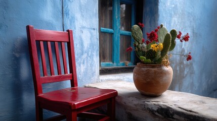 A red wooden chair is placed on the windowsill of an old farmhouse, with cacti and flowers growing inside. The blue walls exude an ancient charm, creating a unique scene.