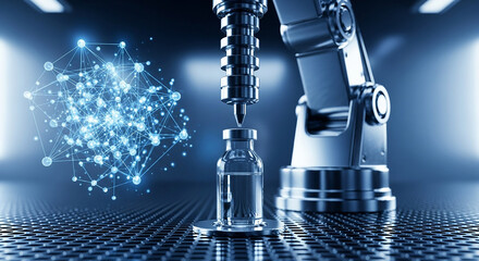 Robotic arm filling vial with liquid in laboratory with abstract network graphic on white background
