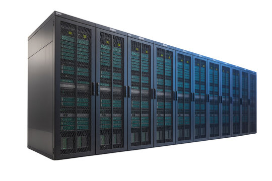 A long row of dark server racks with mesh doors, showcasing numerous green-lit internal components, signifying modern data center infrastructure. background removed