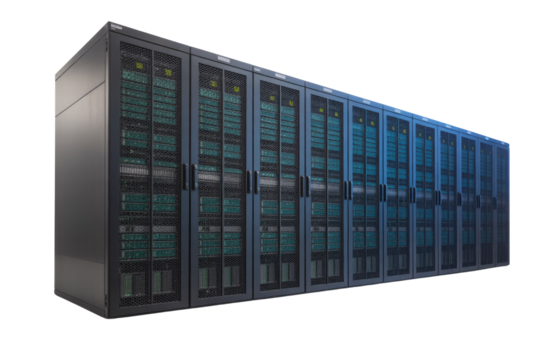 A long row of dark server racks with mesh doors, showcasing numerous green-lit internal components, signifying modern data center infrastructure. background removed