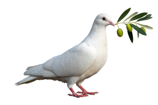 A beautiful white dove of peace holds a fresh green olive branch with ripe olives, symbolizing hope and new beginnings. background removed
