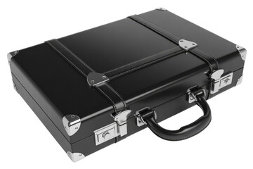 A sophisticated black briefcase with polished silver hardware, decorative leather straps, and a secure clasp, presented on a transparent background. background removed