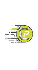 Animated Tennis Ball with Motion Lines and Letter P.
